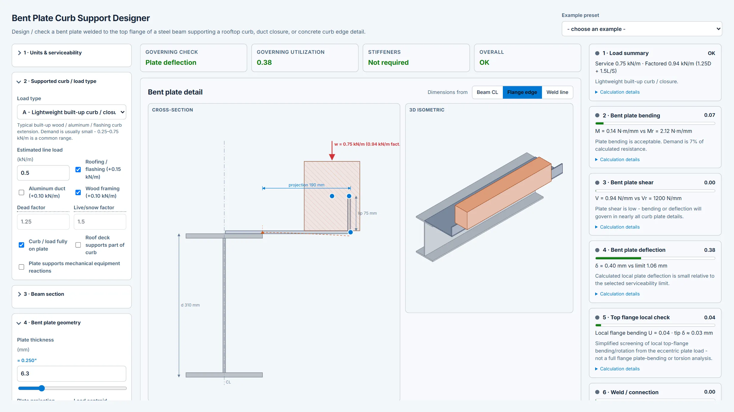 Bent Plate Curb Support Designer running in the CoLateral workspace