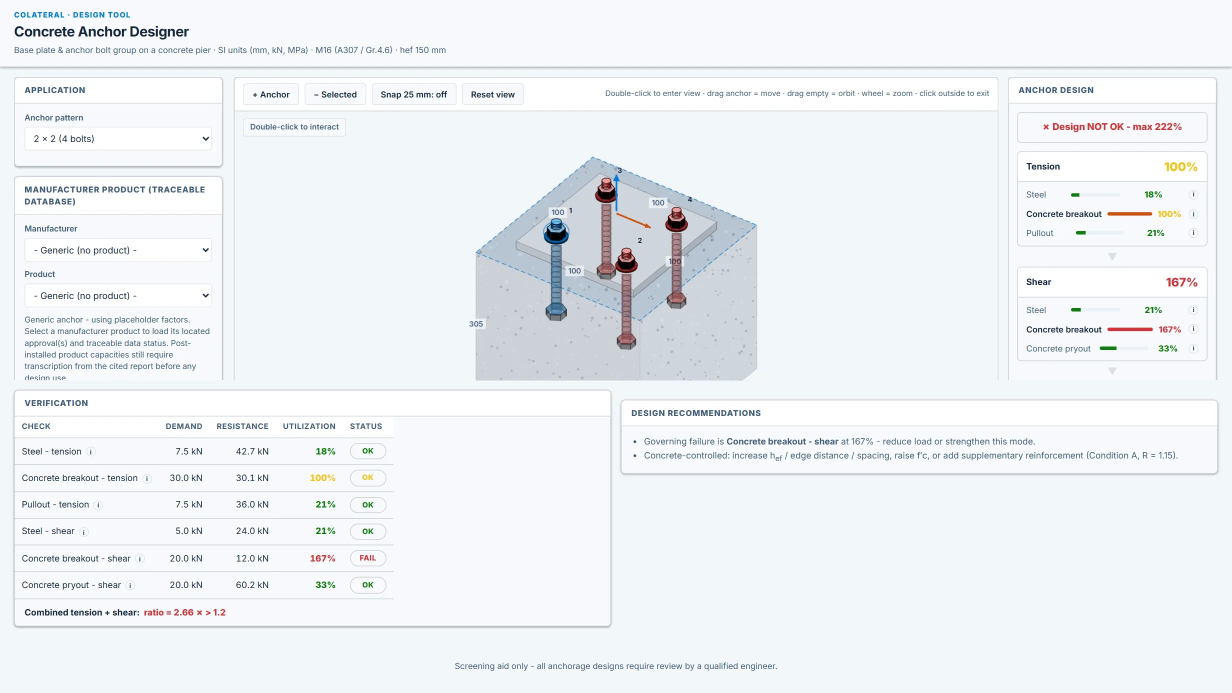 Concrete Anchor Designer (Interactive 3D) running in the CoLateral workspace