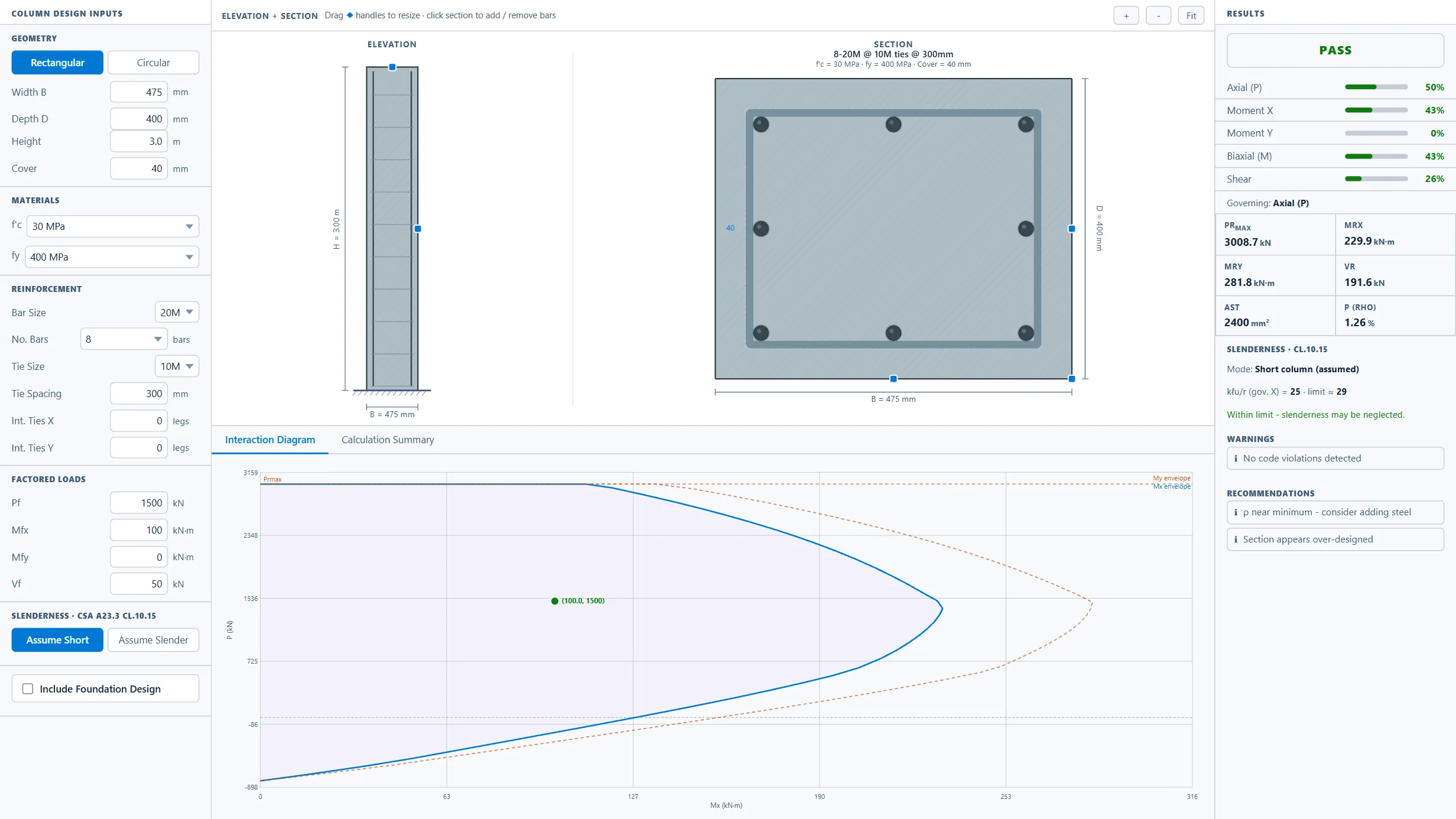 Concrete Column Designer running in the CoLateral workspace