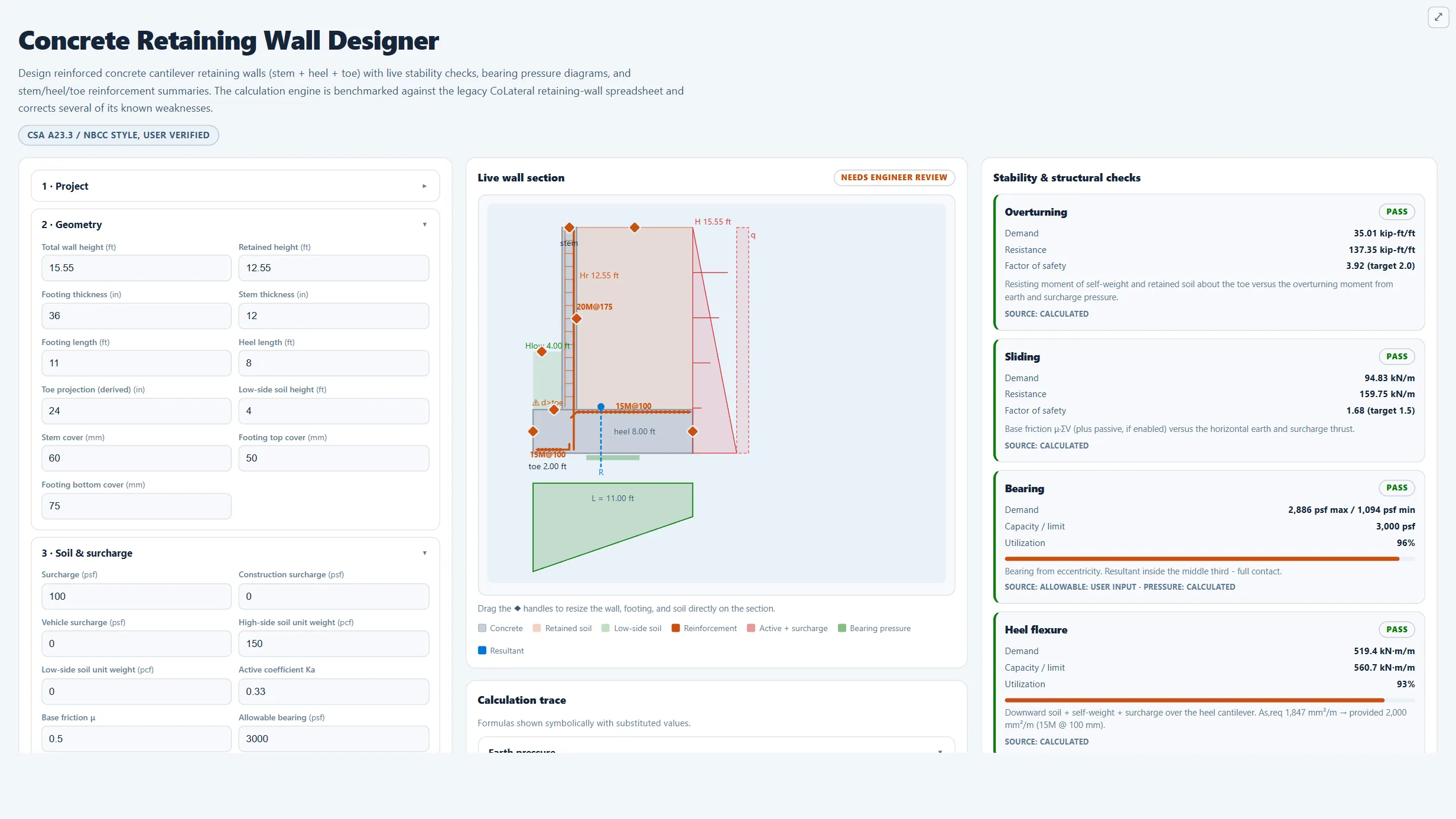 Concrete Retaining Wall Designer running in the CoLateral workspace
