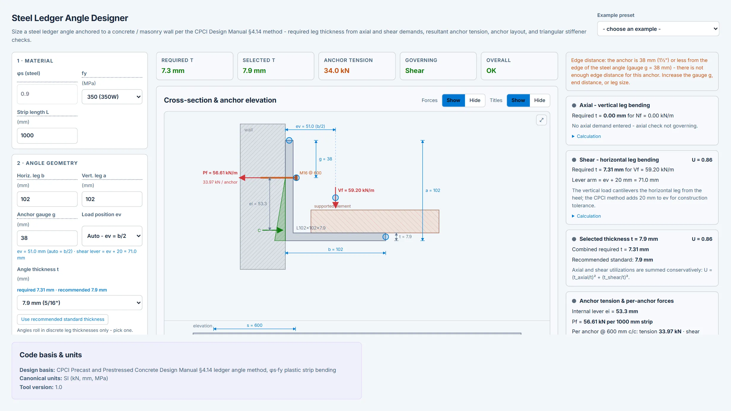 Steel Ledger Angle Designer running in the CoLateral workspace