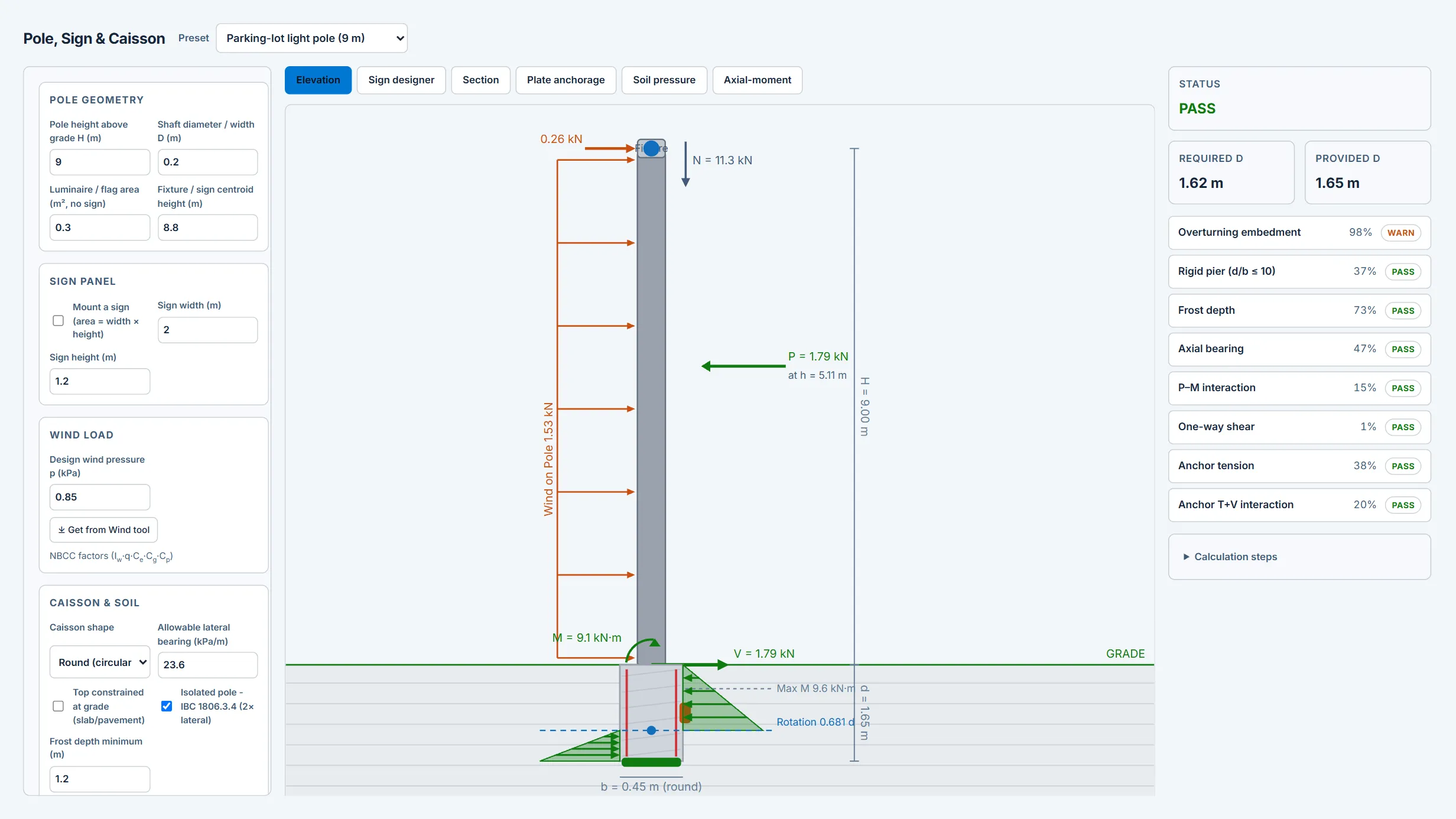 Pole, Sign & Caisson Foundation Designer running in the CoLateral workspace