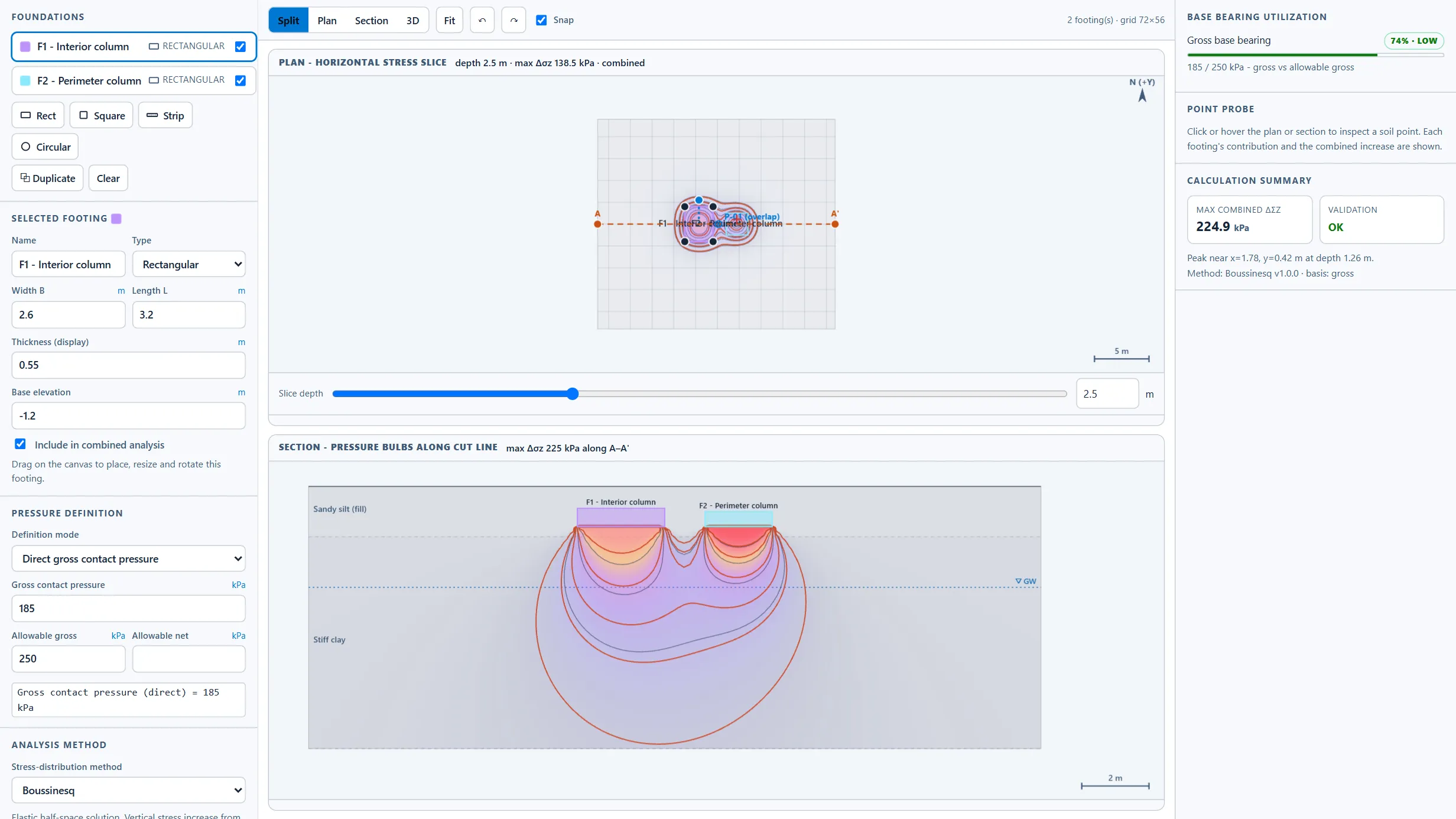 Soil Pressure Distribution Studio running in the CoLateral workspace