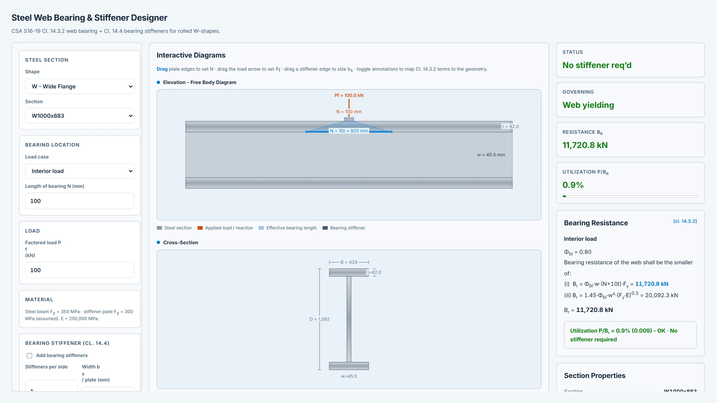 Steel Web Bearing & Stiffener Designer running in the CoLateral workspace
