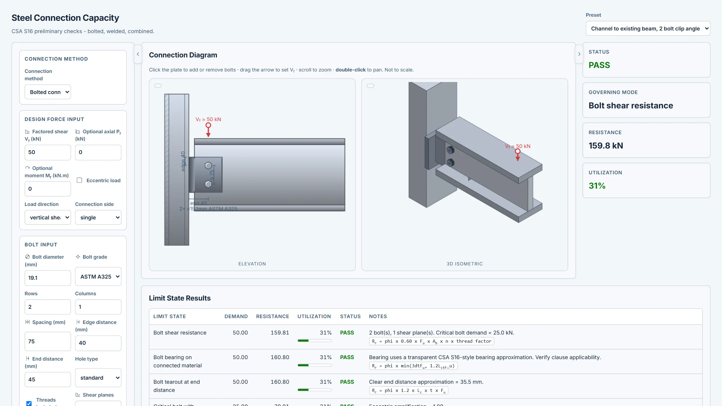 Steel Connection Capacity Checker running in the CoLateral workspace