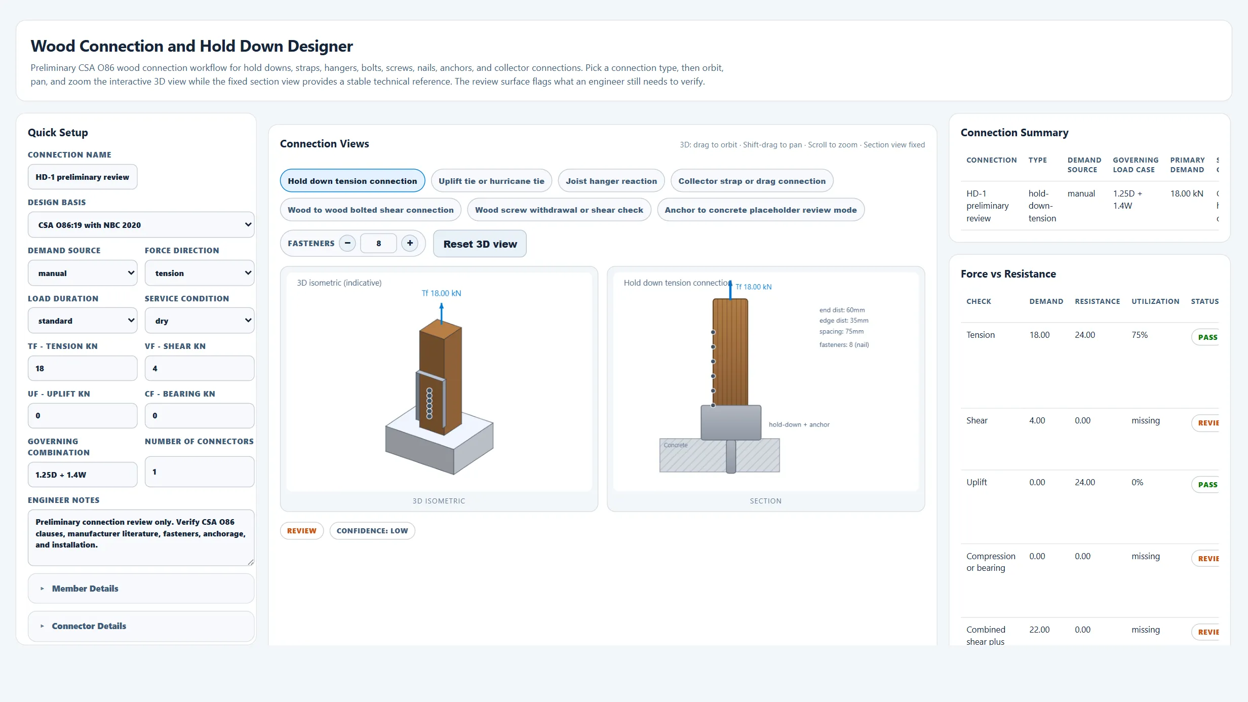 Wood Connection and Hold Down Designer running in the CoLateral workspace