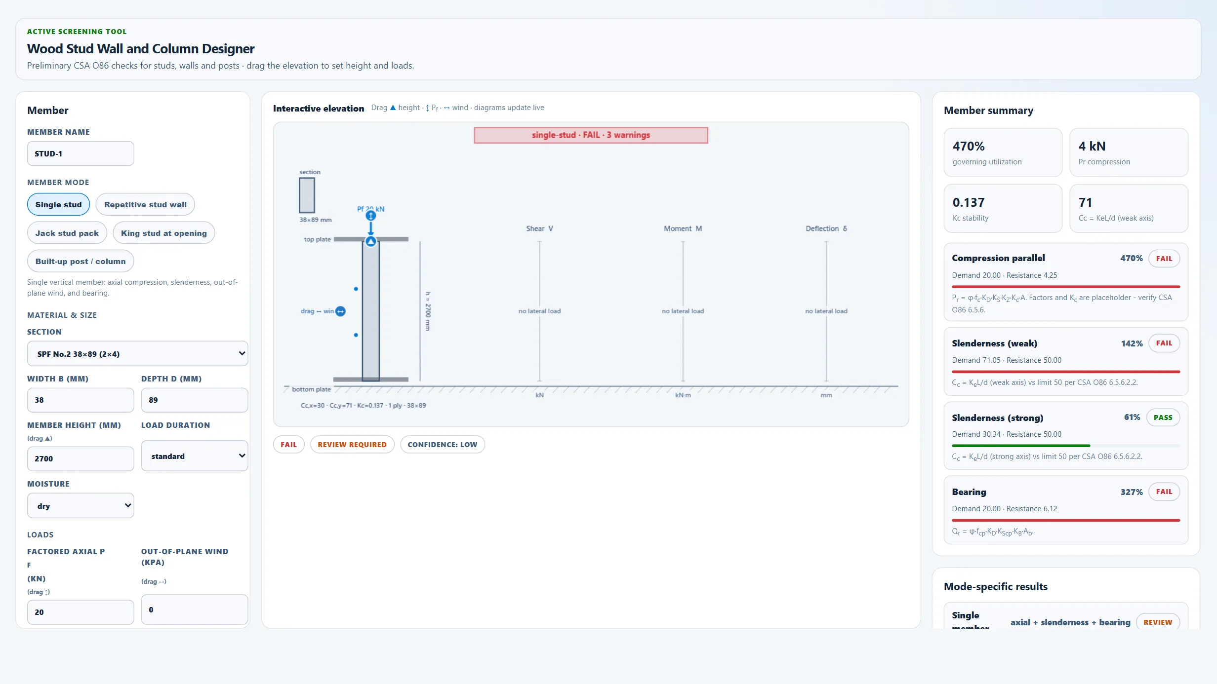 Wood Stud Wall and Column Designer running in the CoLateral workspace